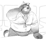 anthro belly big_belly bottomwear bulge clothing eyewear glasses humanoid_hands kemono male overweight overweight_male pants solo yamakake canid canine mammal raccoon_dog tanuki 2022 hi_res monochrome