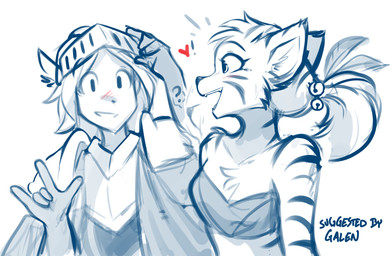 5_fingers accessory anthro armor bandeau bare_shoulders biped blush blush_lines breasts chest_tuft clothed clothed_anthro clothed_female clothed_human clothed_male clothing duo exclamation_point female fingers front_view fully_clothed fully_clothed_human fully_clothed_male fur gesture hair hair_accessory hand_gesture headgear heart_symbol helmet ily_sign inner_ear_fluff looking_at_another male midriff open_mouth open_smile pauldron simple_background smile striped_body striped_fur stripes topwear tuft white_background conditional_dnp tom_fischbach twokinds daniels_(twokinds) therie_sah-van felid human keidran mammal pantherine tiger 2025 blue_and_white digital_drawing_(artwork) digital_media_(artwork) hi_res monochrome sign_language sketch spot_color