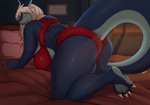 all_fours anthro bed big_breasts bra breasts butt clothing female furniture huge_breasts looking_back panties pillow solo tail underwear harnny mythology femacendramon dragon mythological_creature mythological_scalie scalie