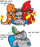 bean_bag blush bow_(feature) bow_tie brown_eyes charmander charmeleon comic dialogue english_text eyewear fire flaming_tail generation_1_pokemon goggles green_eyes grey_body group guil_bunny_(artist) kishin_the_nidoran male necktie nidoran nidoran♂ nintendo orange_body orange_skin pokemon pokemon_(species) profanity red_body scalie simple_background tail text white_background