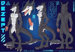 animal_genitalia anthro athletic athletic_anthro athletic_male balls claws fingers genitals knot long_tail male nude open_mouth penis sheath solo standing tail teeth text tongue tongue_out fonyaa sergal absurd_res english_text hi_res model_sheet shaded soft_shading