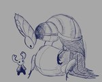 2_horns belly biped black_eyes cape clothing duo female horn larger_female looking_at_another mouthless noseless overweight simple_background size_difference standing green_torsos_(artist) hollow_knight team_cherry godseeker_(hollow_knight) the_knight_(hollow_knight) arthropod insect vessel_(species)