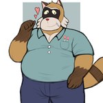 anthro belly big_belly bottomwear brown_body candy clothing dessert food heart_symbol humanoid_hands lollipop male overweight overweight_male pants shirt simple_background smile solo topwear smush-sin robot_dreams rascal_(robot_dreams) mammal procyonid raccoon 1:1 2024 hi_res