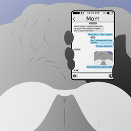 4_fingers anthro blue_background bra breasts cellphone cleavage clothed clothing electronics ellipsis fatal_vore female female_pred female_prey fingers first_person_view grey_body holding_object holding_phone imprint phone simple_background smartphone solo text underwear vore rabbitinafoxden ambiguous_species 1:1 english_text hi_res