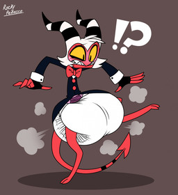 big_diaper blush bow_tie clean_diaper clothed clothing diaper diaper_puff fingerless_gloves gloves handwear horn interrobang male pantsless pink_blush raised_leg red_body solo spade_tail suit tail wearing_diaper yellow_sclera poofbuttrocky hellaverse helluva_boss moxxie_(helluva_boss) humanoid imp 2023 hi_res