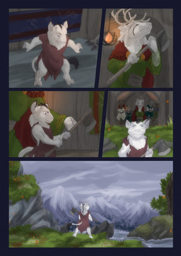 anthro antlers axe brown_body clothed clothing day female fingers fur group holding_object hooved_fingers hooves horn male outside river sky tail water white_body white_fur white_tail young young_anthro bjekkergauken the_weapon_thief aurochs bear bovid bovine canid canine canis deer mammal recently_extinct_species wolf 2025 colored comic hi_res