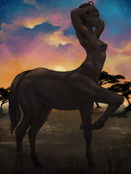 black_hair breasts brown_body brown_skin cloud dreadlocks evening female grass hair humanoid_pointy_ears nipples nude plant pointy_ears savanna sky solo star tree grimhan european_mythology greek_mythology mythology centaur equid equid_taur humanoid_taur mammal mammal_taur taur hi_res signature watermark