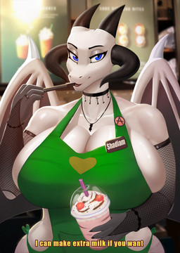 anthro apron apron_only barista big_breasts blue_eyes breasts clothed clothing female frappuccino horn huge_breasts legwear looking_at_viewer milk multi_horn non-mammal_breasts scales side_boob solo text thigh_highs white_body white_scales wide_hips ninkasi mythology shadiam_(vs4r4) dragon mythological_creature mythological_scalie scalie 2025 english_text hi_res
