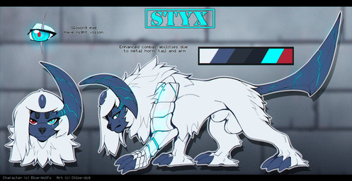 3_toes animal_genitalia balls blue_eyes claws cybernetic_arm cybernetic_limb eye_scar facial_scar feet feral front_view fur genitals heterochromia horn looking_at_viewer looking_back male red_eyes scar sheath side_view solo standing text toe_claws toes white_body white_fur chloe-dog nintendo pokemon styx_(blue-wolfy) absol generation_3_pokemon pokemon_(species) 2026 absurd_res digital_drawing_(artwork) digital_media_(artwork) english_text hi_res model_sheet