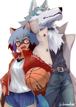 anthro black_hair blue_body blue_eyes blue_fur blue_hair brown_body brown_fur clothed clothing coat collar duo facial_markings female fluffy fluffy_tail fur gloves_(marking) hair head_markings looking_at_viewer male markings mask_(marking) multicolored_body multicolored_fur multicolored_hair open_mouth simple_background tail topwear white_background white_body white_fur chammkue brand_new_animal studio_trigger michiru_kagemori shirou_ogami canid canine canis mammal raccoon_dog tanuki wolf 2020 absurd_res hi_res