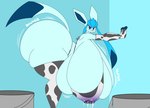 anthro big_breasts big_butt blue_body bodily_fluids breasts butt clothed clothing female fur huge_breasts huge_butt hyper hyper_breasts lactating lactating_through_clothing looking_at_viewer nipples open_mouth simple_background smile solo wet wet_clothing thiccbuns nintendo pokemon canid canine canis eeveelution fox generation_4_pokemon glaceon mammal pokemon_(species) digital_media_(artwork) hi_res