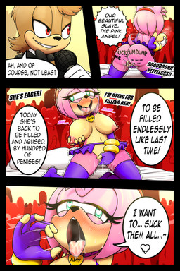 5_fingers anthro areola biped black_nose blush bodily_fluids breasts butt clothing dialogue electronics eyelashes fellatio_gesture female fingers genital_fluids genitals gesture grin kneeling legwear microphone navel nipples open_mouth smile suggestive suggestive_gesture sweat tail tail_motion tailwag text tongue tongue_out vulva dexstar sega sonic_the_hedgehog_(series) amy_rose eulipotyphlan hedgehog mammal 2:3 comic digital_media_(artwork) english_text hi_res