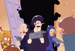 ambiguous_gender anthro antlers ball bodily_fluids bodysuit brown_body brown_fur brown_hair clothed clothing darkness doorway eyes_popping_out eyewear fake_nose female fur glasses group gun hair heterochromia holding_object holding_weapon horn imminent_violence inside male open_mouth puppet purple_body purple_scales ranged_weapon scales shocked skinsuit smile suit sweat sweatdrop teeth tight_clothing tongue tongue_out trio weapon roxydb deltarune undertale_(series) wayneradiotv kris_(deltarune) noelle_holiday spamton_a._spamton spamton_g._spamton susie_(deltarune) deer human humanoid lizard mammal monster new_world_deer reindeer reptile scalie absurd_res hi_res nonbinary_(lore)