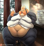 5_fingers anthro belly belly_overhang beverage big_belly big_breasts breasts canid canine chair chubby_cheeks clothed clothing diane_foxington dreamworks dress_shirt electronics eyelashes fat_arms fat_legs fat_rolls female fingers food_box fox furniture green_eyes half-closed_eyes hi_res holding_beverage holding_object huge_belly huwon mammal morbidly_obese morbidly_obese_anthro morbidly_obese_female narrowed_eyes navel obese obese_anthro obese_female office office_chair open_mouth overweight overweight_anthro overweight_female phone phone_call sharp_teeth shirt sitting solo teeth text the_bad_guys topwear url