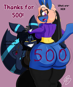 anthro big_breasts big_butt blush breasts brush butt butt_focus duo female female/female follower_number hair hand_on_butt huge_butt kneeling long_hair paint paintbrush rear_view sharp_teeth short_hair smile spikes spikes_(anatomy) tail teeth text thick_thighs aurabutt nintendo pokemon lumoura_(aurabutt) zee_(aurabutt) eeveelution generation_2_pokemon generation_4_pokemon lucario pokemon_(species) shiny_pokemon umbreon absurd_res english_text hi_res