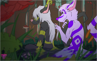 facial_markings fangs flower fur grey_body hair head_markings male male/male markings multicolored_ears outside pawpads personal_grooming pink_nose plant purple_body purple_sclera river rose_(flower) social_grooming tail tail_hugging teeth tender tenderness water_sausage therasis ankhinimos_aokigahara frolick_shiawase crux absurd_res hi_res