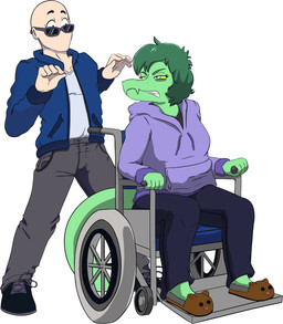 5_fingers animal_slippers anthro bald clothing disability duo eyelashes eyewear female fingers footwear freckles green_body green_hair green_scales grey_eyes hair hoodie jacket light-skinned_male light_body light_skin long_tail male paraplegic scales shoes short_hair simple_background sitting slippers sneakers snout sunglasses tail teeth topwear vehicle wheelchair white_background yellow_sclera andres_paredes cavemanon_studios i_wani_hug_that_gator inco_(iwhtg) olivia_halford baryonyx dinosaur human mammal prehistoric_species reptile scalie spinosaurid theropod 2024 absurd_res digital_drawing_(artwork) digital_media_(artwork) hi_res