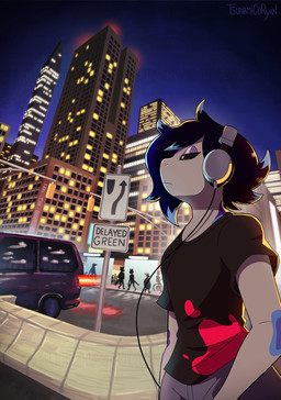 anthro black_clothing black_hair black_shirt black_t-shirt black_topwear building city cityscape clothing female fur grey_body grey_fur hair hair_over_eye medium_truck night outdoor_background outside shirt skyscraper solo t-shirt text topwear traffic_sign truck van vehicle white_hair_tips somesacredbird 2026 digital_drawing_(artwork) digital_media_(artwork) english_description english_text