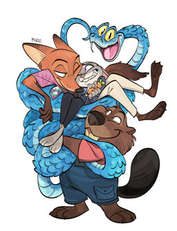 anthro barefoot beaver_tail black_bottomwear black_clothing black_nose black_pants blue_body blue_bottomwear blue_clothing blue_scales blue_shorts bottomwear brown_body brown_eyes brown_fur buckteeth carrying_another clothing fangs feet female feral fur green_eyes grey_body grey_fur group male one_eye_closed orange_body orange_fur pants pink_clothing pink_nose pink_shirt pink_tongue pink_topwear purple_eyes scales shirt shorts simple_background smile tan_bottomwear tan_clothing tan_pants teeth tongue topwear white_background wink yellow_eyes yellow_teeth findo disney zootopia gary_de'snake judy_hopps nibbles_maplestick nick_wilde beaver canid canine european_rabbit fox lagomorph leporid mammal oryctolagus pit_viper rabbit red_fox reptile rodent scalie snake true_fox viper absurd_res hi_res