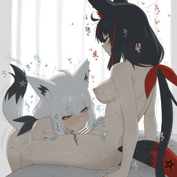 ahoge animal_ears black_hair blue_nails blush bodily_fluids breasts colored_nails eyes_closed fellatio female fluffy_ears hair hair_between_eyes heart_symbol highlights_(coloring) intersex intersex/female long_hair medium_breasts nails narrowed_eyes oral penile ponytail raised_tail ribbons sex sitting sweat tail tears trembling_for_pleasure white_hair shiroi_yoru hololive vtuber kurokami_fubuki shirakami_fubuki animal_humanoid canid canid_humanoid canine canine_humanoid fox_humanoid humanoid mammal mammal_humanoid 1:1 censored hi_res mosaic_censorship