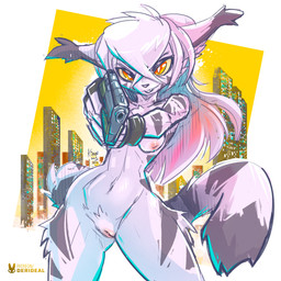 anthro areola black_nose breasts dipstick_ears dipstick_tail ear_markings female fur genitals gun hair handgun long_hair looking_at_viewer markings medium_breasts multicolored_ears navel nipples nude nude_anthro nude_female pink_areola pink_nipples pistol ranged_weapon solo striped_body striped_fur striped_markings striped_tail stripes tail tail_markings thick_thighs vulva weapon white_body white_fur white_hair wide_hips yellow_sclera kiaun derideal ivory_(derideal) domestic_cat felid feline felis mammal 1:1 hi_res