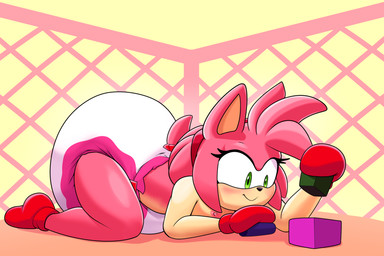 ageplay anthro big_diaper booties breasts clothing diaper female green_eyes handwear infantilism mittens nipples pink_body pink_nipples playpen roleplay solo coqodraws sega sonic_the_hedgehog_(series) amy_rose eulipotyphlan hedgehog mammal 3:2 hi_res