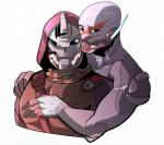 5_fingers clothed clothing duo fingers glowing glowing_eyes hug machine not_furry simple_background white_background squarerootofdestiny bungie destiny_(video_game) cayde-6 robot