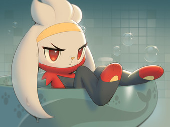ambiguous_gender anthro bath bathtub bubble detailed_background feet grumpy pawpads solo tile tile_wall wall_(structure) inkune nintendo pokemon generation_8_pokemon lagomorph leporid mammal pokemon_(species) rabbit raboot 4:3 absurd_res hi_res