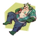 anthro belly clothing dessert food fur green_body green_fur ice_cream jacket kerchief male mint_chocolate_chip musclegut muscular slightly_chubby solo topwear kourney lifewonders live_a_hero mokdai canid canine canis domestic_dog mammal hi_res