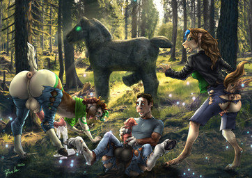 all_fours animal_genitalia animal_penis anus balls black_anus black_balls black_clothing black_hair black_jacket black_tail black_topwear blue_bottomwear blue_clothing blue_eyes blue_pants blue_shirt blue_t-shirt blue_topwear bottomwear breasts brown_body brown_fur brown_hair brown_tail clothing detailed_background equine_anus equine_genitalia equine_penis erection eyewear feral fur gender_transformation genitals glasses grass green_clothing green_eyes green_topwear group hair herm human_to_feral intersex jacket long_hair male masturbation mid_transformation mtf_transformation open_mouth outside pants penile penile_masturbation penis pink_penis plant sculpture shirt short_hair sitting species_transformation standing statue t-shirt tail tan_body tan_fur topwear torn_bottomwear torn_clothing torn_pants transformation tree trio white_body white_fur rufciu equid equine horse mammal hi_res