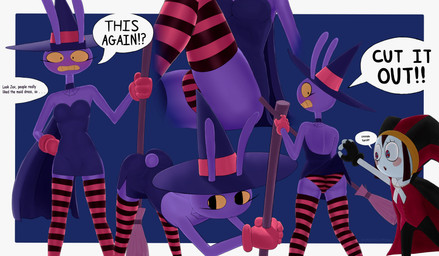 anal anthro blush broom bulge butt cleaning_tool clothed clothing crossdressing dialogue duo female looking_back male purple_body simple_background solo_focus text upskirt greystwitpage_(artist) glitch_productions the_amazing_digital_circus jax_(tadc) pomni_(tadc) humanoid lagomorph leporid mammal rabbit vampire 2025 absurd_res english_text hi_res