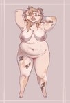 anthro blue_eyes breasts brown_hair female genitals hair hand_behind_head hooves looking_aside navel nipples nude overweight overweight_female pussy simple_background solo niochem bianca_(niochem) domestic_pig mammal suid suina sus_(pig) 2023 digital_media_(artwork) hi_res