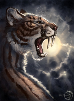 amber_eyes ambiguous_gender black_lips brown_body brown_fur brown_stripes cloud day detailed_background detailed_fur fangs feral fur inner_ear_fluff lens_flare light lips long_mouth no_sclera open_mouth outside overcast pink_tongue shadow sitting sky snout solo striped_body striped_fur stripes sun sunlight tan_body tan_fur teeth tongue tuft whiskers white_body white_fur flashw felid mammal prehistoric_species saber-toothed_tiger 2017 detailed digital_media_(artwork) half-length_portrait hi_res portrait