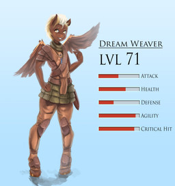 anthro armor brown_body brown_skin dagger dreamcatcher equine_legs feathered_wings feathers holding_object holding_weapon male melee_weapon solo text weapon wings yellow_eyes fruitbloodmilkshake hasbro my_little_pony mythology dream_weaver_(mlp) equid equine mammal mythological_creature mythological_equine pegasus english_text hi_res