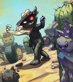 ambiguous_gender anthro bag black_body black_fur blue_body blue_clothing blue_fur blue_hat blue_headwear blue_sky bone cactus cape clothing coin corpse cowboy_hat desert detailed_background fur glowing glowing_eyes group gun halo handgun hat headgear headwear hiding holding_gun holding_handgun holding_object holding_pistol holding_ranged_weapon holding_weapon male missing_tooth orange_body orange_fur pistol plant ranged_weapon red_eyes rock sky standing star_symbol tail tire tongue tongue_out trash_bag weapon whiskers white_body white_fur wizard_hat x_eyes 1500harrison mewgenics zodiac_(mewgenics) annelid arthropod domestic_cat felid feline felis fly_(animal) insect leech mammal worm 2026 hi_res