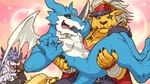 blue_eyes carrying_person claws clothing countershading duo eyes_closed hat headgear headwear laughing_at male wings dahecksajerry bandai_namco digimon bancholeomon digimon_(species) exveemon weregarurumon