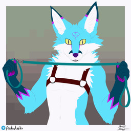 anthro collar harness leash leash_pull looking_at_viewer male o-ring simple_background solo tuft foxtrotarts canid canine fox mammal 1:1 animated hi_res