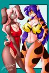 anthro big_breasts bikini black_stripes breasts chest_tuft clothed clothing duo female fur green_eyes grey_body grey_fur hair huge_breasts long_hair multicolored_body multicolored_fur one-piece_swimsuit orange_body orange_fur pink_hair purple_hair stripes swimwear tuft two-piece_swimsuit two_tone_body two_tone_fur white_body white_fur mastergodai las_lindas taffy_(las_lindas) tiggs felid lagomorph leporid mammal pantherine rabbit tiger