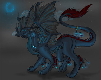 ambiguous_gender black_body black_skin cloud ear_piercing ear_ring feral fur lamp lantern membrane_(anatomy) membranous_wings moon night outside piercing red_body red_fur ring_piercing simple_background solo standing star tail wings unknown_artist mythology dragon mythological_creature mythological_scalie scalie