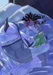 anthro bed clothing cuddling furniture grey_body hair horn male muscular muscular_anthro muscular_male pecs plushie shirt sleeping solo t-shirt topwear white_hair kusarikakemono lifewonders live_a_hero mythology giansar dragon mythological_creature mythological_scalie scalie hi_res