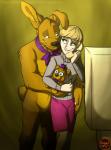 anthro anthrofied blonde_hair blue_eyes clothed clothing duo fur green_eyes hair machine plushie yellow_body yellow_fur namygaga five_nights_at_freddy's five_nights_at_freddy's_3 fnafng scottgames fredbear_(fnaf) spring_bonnie_(fnaf) animatronic bear human lagomorph leporid mammal rabbit robot absurd_res hi_res