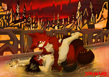 anthro between_legs black_hair black_tail city city_background claws duo ear_piercing fur gold_(metal) gold_lighting grey_ears hair hand_above_head heart_nipples leg_wrap long_ears lying male male/male night nipples on_back paws piercing red_body red_ears red_eyes red_fur red_hair reflection star tail white_body white_fur white_skin yellow_eyes just_dryvern dryvern_(just_dryvern) canid canine felid fox mammal absurd_res hi_res