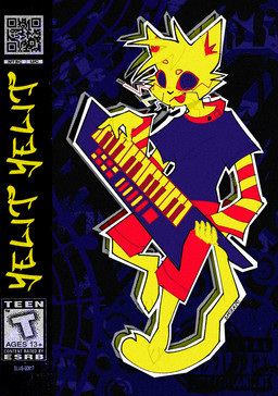 abstract_art anthro black_nose blue_background blue_clothing blue_eyes blue_shirt blue_topwear bottomwear clothing collar dreamcore fingers fur keyboard_instrument keytar longsleeve looking_at_viewer male musical_instrument notes poster red_bottomwear red_clothing red_collar red_shorts shirt shorts simple_background smile solo surrealism sweater tail text topwear underground webcore whiskers yellow_body birzavr yelit domestic_cat felid feline felis mammal 2026 colored digital_drawing_(artwork) digital_media_(artwork) hi_res