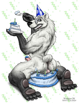 anthro balls birthday birthday_cake black_body black_fur black_nose blue_eyes butt cake cake_sitting candle claws clothing cutlery dessert erection eyewear feet food food_fetish food_play fork fur genital_piercing genitals glasses gloves_(marking) grin hat headgear headwear hindpaw holding_food holding_object humanoid_genitalia humanoid_penis kitchen_utensils leg_markings male markings muscular muscular_anthro muscular_male nude on_food party_hat pawpads paws penis piercing pose simple_background smile socks_(marking) solo tools white_background white_body white_fur wooky bear mammal polar_bear ursine