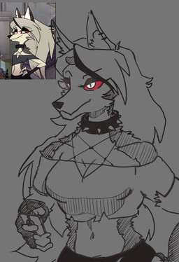 anthro black_eyelids breasts cellphone cleavage clothed clothing collar crop_top ear_piercing electronics female fingerless_gloves fur gloves grey_background hair handwear holding_cellphone holding_object holding_phone holding_smartphone long_hair midriff navel phone piercing pupils red_sclera screencap shirt simple_background slit_pupils smartphone smile solo spiked_collar spikes topwear white_eyes kaiartis hellaverse helluva_boss mythology loona_(helluva_boss) canid canid_demon canine demon hellhound mammal mythological_canine mythological_creature 2024 absurd_res black_and_white_and_red half-length_portrait hi_res portrait reference_image sketch
