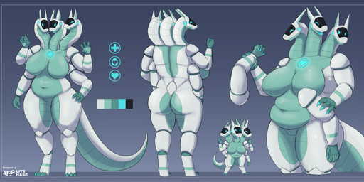 3_heads 4_arms anthro belly big_breasts breasts chibi female mature_female multi_arm multi_head multi_limb simple_background solo tail visor litehase synth_(vader-san) hi_res model_sheet