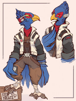 anthro avian_feet beak blue_body blue_feathers bottomwear brown_bottomwear brown_clothing brown_pants claws clothed clothed_anthro clothing feathers feet jacket male narrowed_eyes pants solo talons toes topwear treat uniform daarclaw nintendo star_fox star_fox_(2026) falco_lombardi avian bird 3:4 absurd_res hi_res