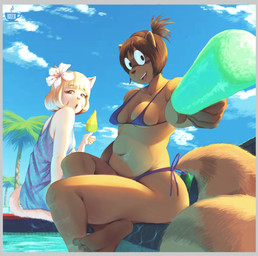 accessory anthro bangs barefoot bikini blonde_hair bob_cut border breasts brown_body brown_fur brown_hair clothing cloud duo eyelashes feet female flower flower_in_hair food foreshortening freckled_face freckles fur grey_border hair hair_accessory humanoid_feet markings medium_breasts nipple_outline palm_tree plant plantigrade popsicle sky slightly_chubby slightly_chubby_anthro slightly_chubby_female small_breasts striped_markings striped_tail stripes swimming_pool swimwear tail tail_markings thick_thighs tree triangle_bikini two-piece_swimsuit white_body white_fur wide_hips bzeh araceli_sepulveda matilde_fuenzalida domestic_cat felid feline felis mammal procyonid raccoon 2025 hi_res
