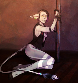 anthro blood bodily_fluids bottomless breasts clothed clothing ear_piercing female humanoid_pointy_ears inside looking_at_viewer open_clothing open_shirt open_topwear piercing pointy_ears pole rope shirt solo tail teeth topwear totesfleisch8 felid mammal hi_res
