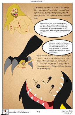 battle black_body blood bodily_fluids claws comic_panel duo feral king male royalty teeth text toony vore warrior lightluxcollie denatured_(lightluxcollie) mythology belmodeus_(lightluxcollie) dragon human mammal mythological_creature mythological_scalie scalie comic hi_res